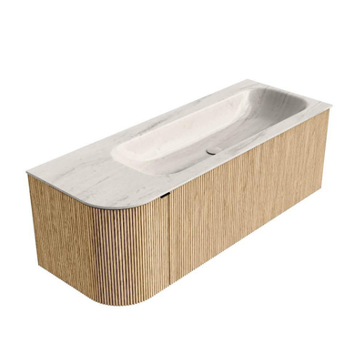 MONDIAZ KURVE-DLUX Meuble de salle de bains 125cm arrondi à gauche couleur Oak avec 1 tiroir et 1 porte. Lavabo BIG MEDIUM à droite 1 trou de robinet Meli.