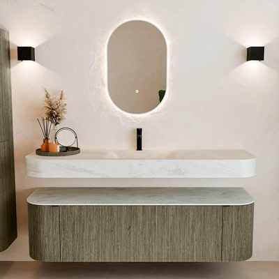 MONDIAZ THOR-DLUX 160cm meuble de salle de bains arrondi gauche + droite couleur Shadow avec 1 tiroir et 2 portes. Vasque suspendue CLOUD Milieu 1 trou de robinet couleur Opalo.