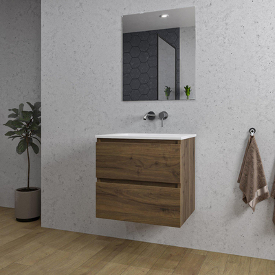 Saniclass Chaci Ensemble meuble de salle de bains - 60x46x55cm - lavabo en céramique blanc - 1 vasque - sans trou de robinet - 2 tiroirs - miroir rectangulaire - noyer (bois)