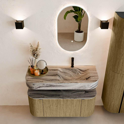 MONDIAZ THOR-DLUX 110cm meuble de salle de bains arrondi gauche + droite couleur Dusk avec 1 tiroir et 2 portes. Vasque suspendue CLOUD Droite 1 trou de robinet couleur Sombra.