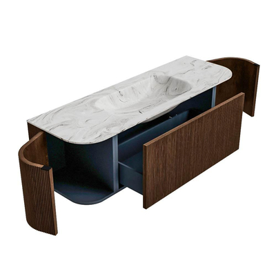 MONDIAZ KURVE-DLUX meuble de salle de bains 140 cm avec module 25 Len R couleur Walnut avec 1 tiroir et 2 portes. Lavabo BIG SMALL central 1 trou de robinet couleur Glace.