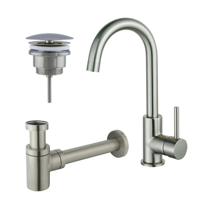 Fortifura Calvi Wastafelkraanset - hoge wastafelkraan - draaibare - uitloop - always open plug - verlaagde design - sifon - PVD - geborsteld RVS