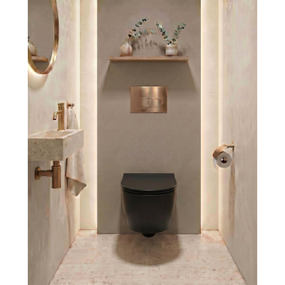 QeramiQ Dely Swirl Toiletset - 36.3x51.7cm - Geberit UP720 Duofix Sigma inbouwreservoir - 35mm zitting - bedieningsplaat koper - rechthoekige knoppen - mat zwart