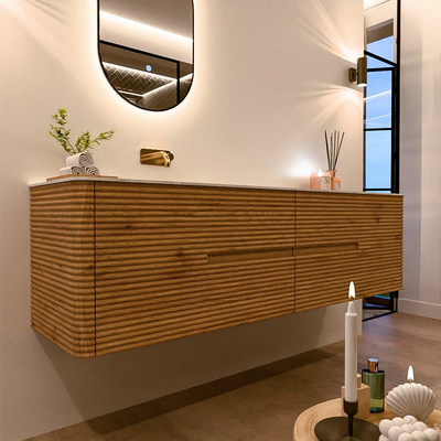 Mondiaz CIRO-DLUX Badkamermeubelset - 180x45x50cm - Solid surface wastafel Opalo - 1 wasbak Links - zonder kraangaten - 4 lades - Oak