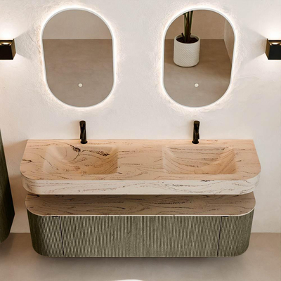 MONDIAZ THOR-DLUX 160cm meuble de salle de bains arrondi gauche + droite couleur Shadow avec 1 tiroir et 2 portes. Vasque suspendue CLOUD Double 2 trous de robinet couleur Arena.