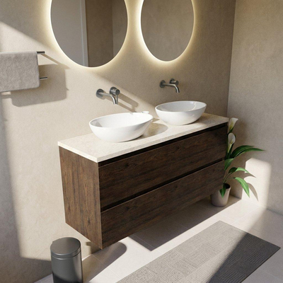 Saniclass Holz Pure Ensemble meuble de salle de bains - 140x45x63cm - Plan de travail en pierre naturelle travertin - sans trou de robinet - 4 tiroirs - chêne charcoal mat (bois)
