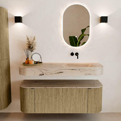 MONDIAZ THOR-DLUX 130cm meuble de salle de bains arrondi gauche + droite couleur Dusk avec 1 tiroir et 2 portes. Vasque suspendue CLOUD Droite sans trou de robinet couleur Arena.