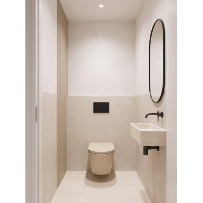 QeramiQ Dely Toiletset - 36.3x51.7cm - diepspoel - rimless - Geberit UP320 inbouwreservoir - softclose toilet zitting - 35mm - kunstof mat zwarte bedieningsplaat - rechthoekige knoppen - mat beige