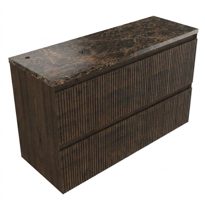 Saniclass Holz Atelier Ensemble de meubles de salle de bains - 140x45x63cm - Plan de travail en pierre naturelle Noche dark emperador - 2 trous de robinet - 4 tiroirs - chêne charcoal mat (bois)