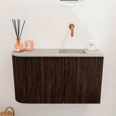Mondiaz JOYA-DLUX 71.6cm toiletmeubel - ronding links kleur Walnut - Wastafel FAYE positie Rechts Zonder kraangat kleur Glace.