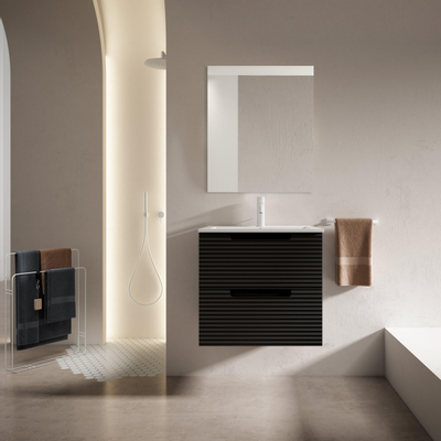 Saniclass Prime Balance Badkamermeubelset - 60x55x45cm - 1 rechthoekige keramische wasbak wit - 1 kraangat - 2 lades - rechthoekige spiegel - mat zwart