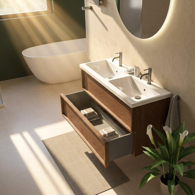 Saniclass Holz Frame Ensemble de meubles de salle de bains - 120x45x63.5cm - Lavabo en céramique Bari blanc - 2 vasques - 2 trous de robinetterie - 2 tiroirs - walnut pure mat (bois)