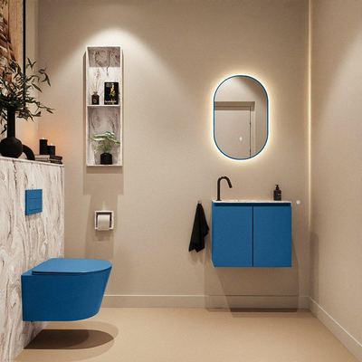 MONDIAZ TURE-DLUX Meuble toilette - 60cm - Jeans - EDEN - vasque Glace - position gauche - 1 trou de robinet