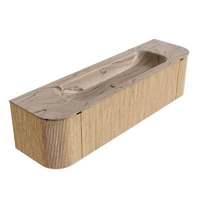 MONDIAZ KURVE-DLUX 170cm badmeubel ronding Links + Rechts kleur Oak met 1 lade en 2 deuren. Wastafel BIG LARGE Midden zonder kraangat Arena.