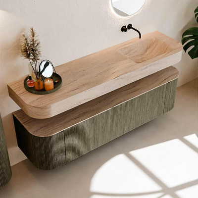 MONDIAZ THOR-DLUX Meuble de salle de bains 170cm arrondi gauche + droite couleur Shadow avec 1 tiroir et 2 portes. Vasque suspendue CLOUD Droite sans trou de robinet couleur Saba.