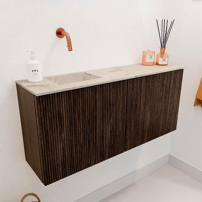 Mondiaz JOYA-DLUX 90cm toiletmeubel - kleur Walnut - Wastafel FAYE positie Links Zonder kraangat kleur Frappe.