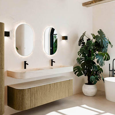 MONDIAZ THOR-DLUX 160cm meuble de salle de bains arrondi gauche + droite couleur Dusk avec 1 tiroir et 2 portes. Vasque suspendue CLOUD Double 2 trous de robinet couleur Meli.