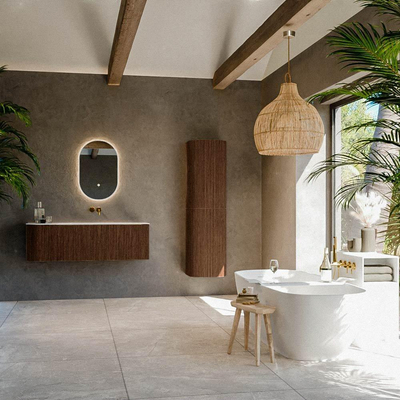 MONDIAZ KURVE 135cm Meuble salle de bain avec module 25 G - couleur Walnut - 1 tiroir - 1 porte - vasque BIG MEDIUM droite - sans trous de robinet - Talc