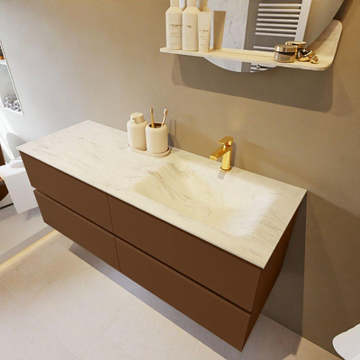 Mondiaz VICA-DLUX Ensemble de meuble de salle de bain - 130cm - meuble sous-vasque repos - 4 tiroirs - lavabo encastré cloud droite - 1 trou de robinet - version haute de 60cm - opalo