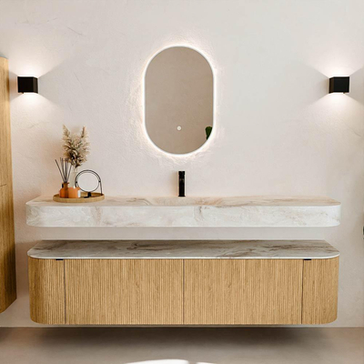 MONDIAZ THOR-DLUX Meuble de salle de bains - 190cm - arrondi gauche + droite - couleur Oak - 2 tiroirs - 2 portes - Vasque suspendue CLOUD centrale 1 trou de robinet couleur Frappe