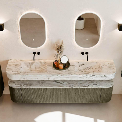 MONDIAZ THOR-DLUX Meuble de salle de bains - 200cm - arrondi gauche + droite - couleur Shadow - 2 tiroirs et 2 portes - Vasque suspendue CLOUD Double sans trou de robinet - couleur Glace