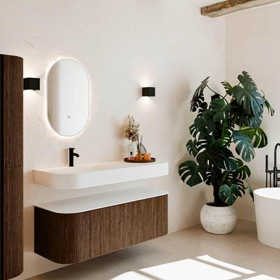 MONDIAZ THOR 130cm meuble de salle de bains arrondi gauche + droite couleur Walnut avec 1 tiroir et 2 portes. Vasque suspendue CLOUD gauche 1 trou de robinet couleur Talc.