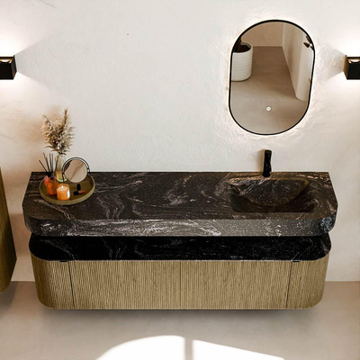 MONDIAZ THOR-DLUX 180cm meuble de salle de bains arrondi gauche + droite couleur Dusk avec 2 tiroirs et 2 portes. Vasque suspendue CLOUD Droite 1 trou de robinet couleur Lava.