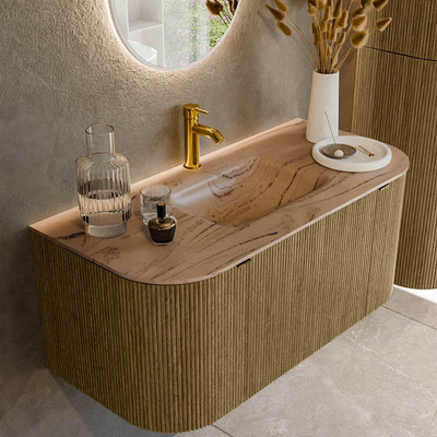 MONDIAZ KURVE-DLUX Meuble de salle de bains 100cm arrondi Gauche + Droite couleur Dusk avec 1 tiroir et 2 portes. Lavabo GRUNNE Central 1 trou de robinet Arena.