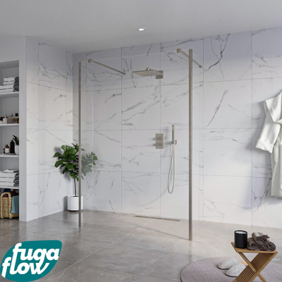 FugaFlow Eccelente Vetro Vrijstaande inloopdouche badkamer - 140x200cm - Helder - antikalk - 8mm veiligheidsglas - 2 zijwanden 30cm - met wandarmen en hoekprofielen - Gunmetal -