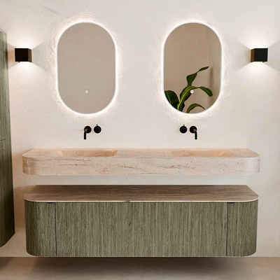 MONDIAZ THOR-DLUX 170cm badmeubel ronding links + rechts kleur Shadow met 1 lade en 2 deuren. Vrijhangende wastafel CLOUD Dubbel zonder kraangat kleur Saba.