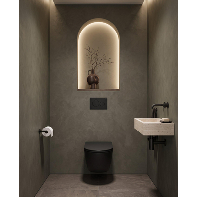 QeramiQ Dely Toiletset - 36.3x51.7cm - diepspoel - rimless - Geberit UP320 inbouwreservoir - softclose toilet zitting - 35mm - kunststof mat zwarte bedieningsplaat - ronde knoppen - mat zwart