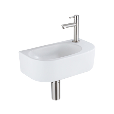 QeramiQ Fuente fonteinset – halfrond – 40x21.5x12 cm – keramiek wit mat – kraangat rechts – kraan geborsteld RVS