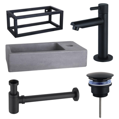 FortiFura Fuente Pack Lave-mains - 40x22x23.5cm - 1 trou de robinet - cadre noir - robinet Noir mat - Béton