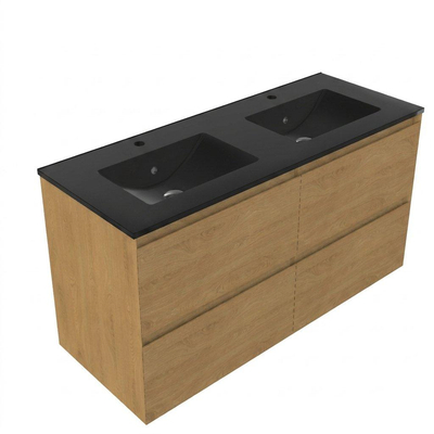 Saniclass Holz Pure Ensemble de meubles de salle de bains - 120x45x62cm - Vasque Vygo en céramique noire - 2 vasques - 2 trous de robinetterie - 4 tiroirs - chêne naturel mat (bois)