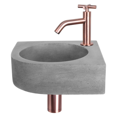 Differnz Cleo hoekfonteinset – 31.5x31.5x10 cm – beton grijs – gebogen koperen kraan met kruisgreep