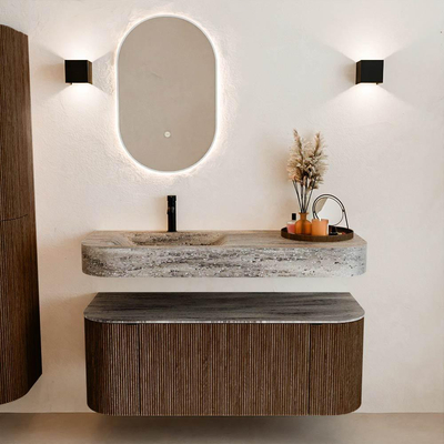 MONDIAZ THOR-DLUX 120cm meuble de salle de bains arrondi gauche + droite couleur Walnut avec 1 tiroir et 2 portes. Vasque suspendue CLOUD Gauche 1 trou de robinet couleur Oza.