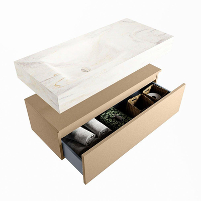 Mondiaz ALAN-DLUX Ensemble de meuble - 100cm - meuble - Oro mat - 1 tiroir - Lavabo Cloud Ostra suspendu - vasque gauche - 0 trous de robinet - Beige