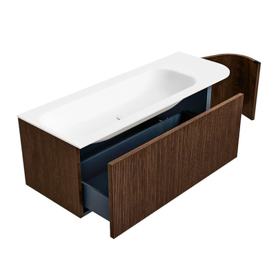 MONDIAZ KURVE 125cm meuble de salle de bains avec module 25 R couleur Walnut avec 1 tiroir et 1 porte. Vasque BIG MEDIUM gauche sans trou de robinet Talc.