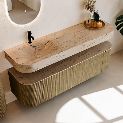 MONDIAZ THOR-DLUX 160cm meuble de salle de bains arrondi gauche + droite couleur Dusk avec 1 tiroir et 2 portes. Vasque suspendue CLOUD Gauche 1 trou de robinet couleur Arena.