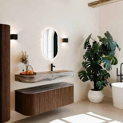 MONDIAZ THOR-DLUX 130cm meuble de salle de bains arrondi gauche + droite couleur Walnut avec 1 tiroir et 2 portes. Vasque suspendue CLOUD Droite 1 trou de robinet couleur Sombra.