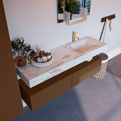 Mondiaz ALAN-DLUX Ensemble de meuble - 150cm - meuble Rust mat - 2 tiroirs - Lavabo Cloud Frappe suspendu - vasque Droite - 1 trou de robinet