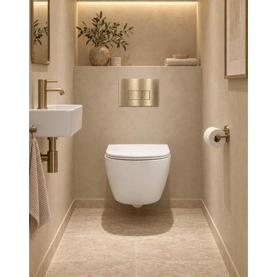 QeramiQ Dely Swirl Compact Toiletset - inbouwreservoir QeramiQ flush - slim zitting - metalen bedieningsplaat messing geborsteld (goud) - rechthoekige knoppen - glans wit