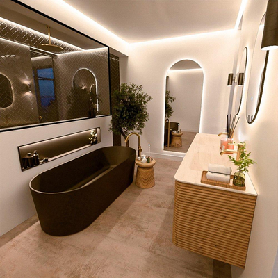 Mondiaz CIRO-DLUX Meuble de salle de bains - 170x45x50cm - Plan vasque Solid surface Meli - 2 vasques Double - 2 trous de robinetterie - 4 tiroirs - Chêne