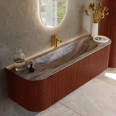 MONDIAZ KURVE-DLUX 150cm badmeubel ronding Links + Rechts kleur Ruby met 1 lade en 2 deuren. Wastafel BIG MEDIUM Midden 1 kraangat Oza.