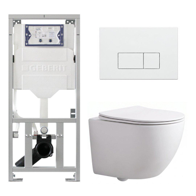 Pack WC QeramiQ Dely Swirl Compact - réservoir encastrable Geberit UP320 - avec bâti-support Burda - abattant slim - plaque de commande en plastique blanc brillant - boutons rectangulaires - blanc mat