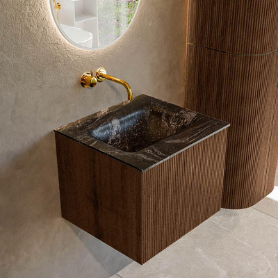 MONDIAZ KURVE-DLUX 50cm badmeubel kleur Walnut met 1 lade. Wastafel GRUNNE midden zonder kraangat kleur Lava.
