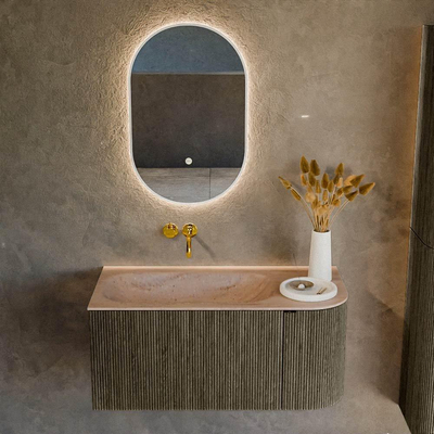 MONDIAZ KURVE-DLUX Meuble de salle de bains 95cm arrondi à droite couleur Shadow avec 1 tiroir et 1 porte. Lavabo BIG SMALL à gauche sans trou de robinet Saba.