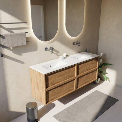 Saniclass Holz Frame Ensemble de meubles de salle de bains - 160x45x62cm - lavabo en céramique Vygo blanc - 2 vasques - sans trous de robinet - 4 tiroirs - chêne natural mat (bois)
