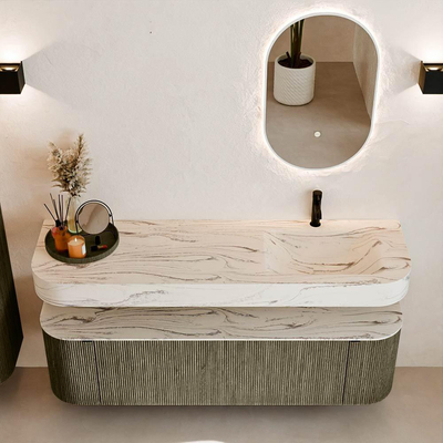 MONDIAZ THOR-DLUX 160cm meuble de salle de bains arrondi gauche + droite couleur Shadow avec 1 tiroir et 2 portes. Vasque suspendue CLOUD Droite 1 trou de robinet couleur Nata.