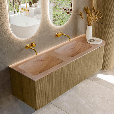 MONDIAZ KURVE-DLUX Meuble de salle de bains 145cm arrondi à droite couleur Dusk avec 1 tiroir et 1 porte. Lavabo LEAF Double / Gauche sans trou de robinet Saba.